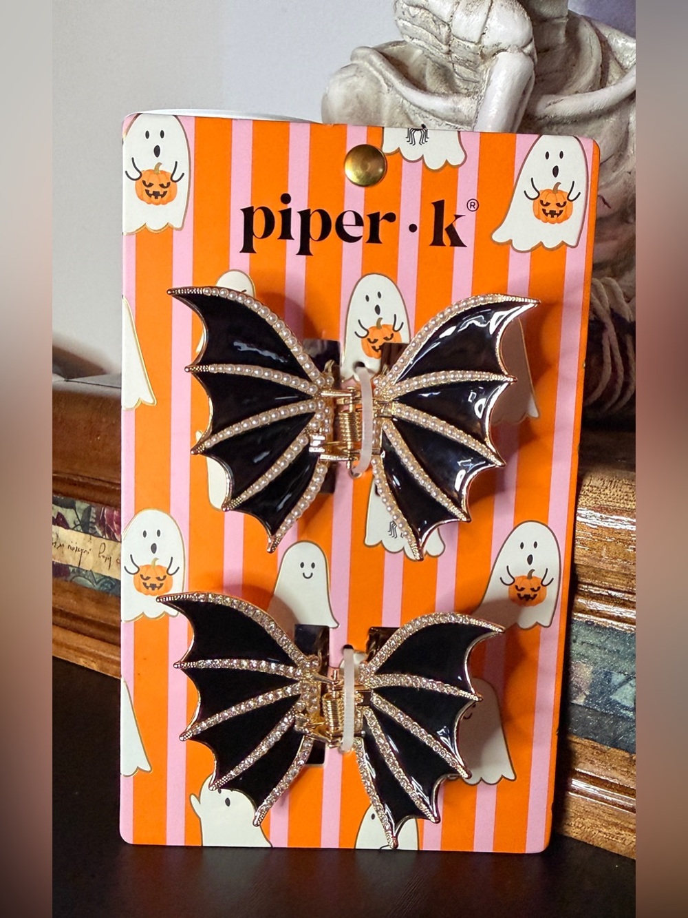 Piper.k Black and Gold Bat Wing Hair Clips - Halloween Accessory